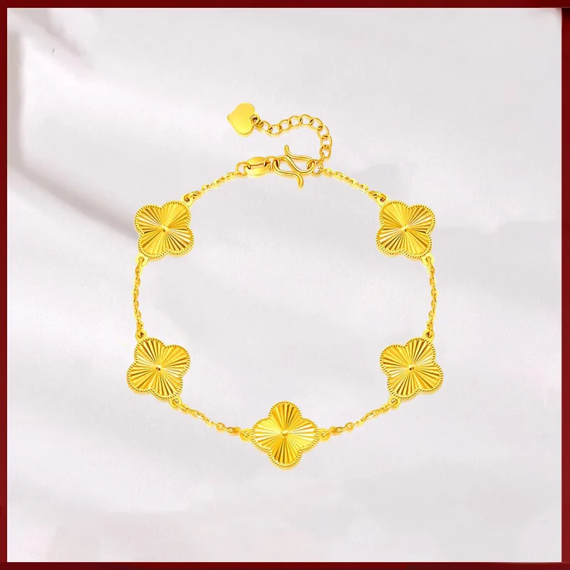 

Luxury 24K 9999 Pure Gold real gold Women's five-flower lucky grass bracelet