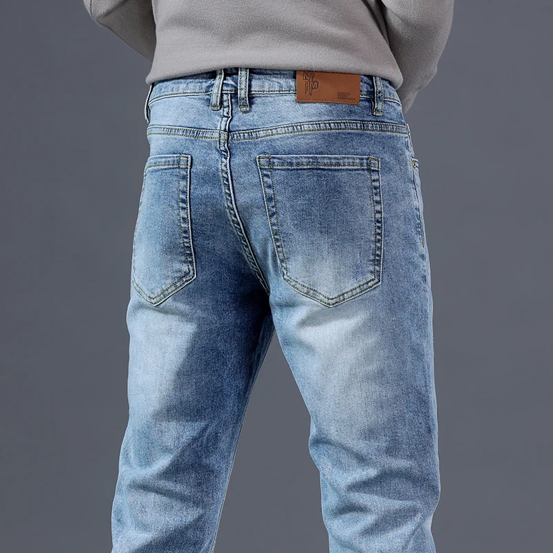 

Pure Cotton Light Blue Slim Straight Jeans Men's Fashion Casual Elastic Washed Denim Trousers Spring Autumn Brand Male Pants