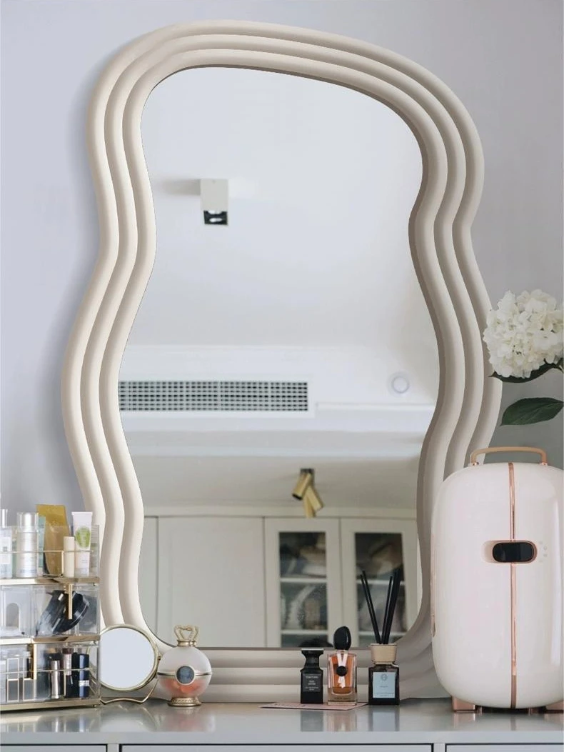 Cream style dressing table, bedroom desktop with light, makeup mirror Instagram creative wave shaped internet celebrity wall