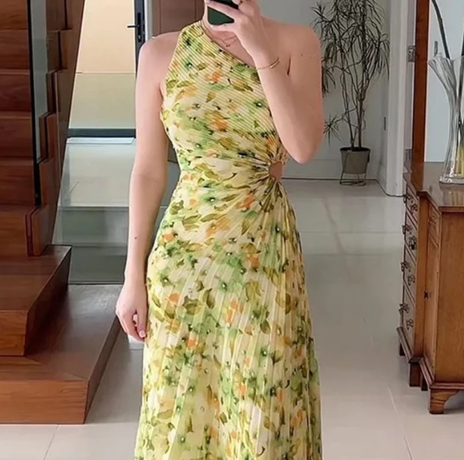 Robe longue imprimée en fibre décontractée, robe irrégulière creuse, fleur fragmentée, pliée, initiée, nouveau, été