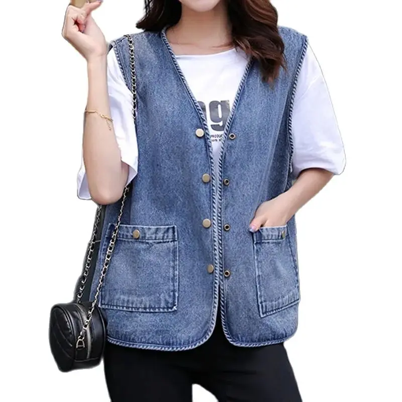 

Women Denim Vest Nice Spring Summer New Waistcoat Female Loose Large Size 5XL Sleeveless Coat Femme Vest Thin Cowboy Top