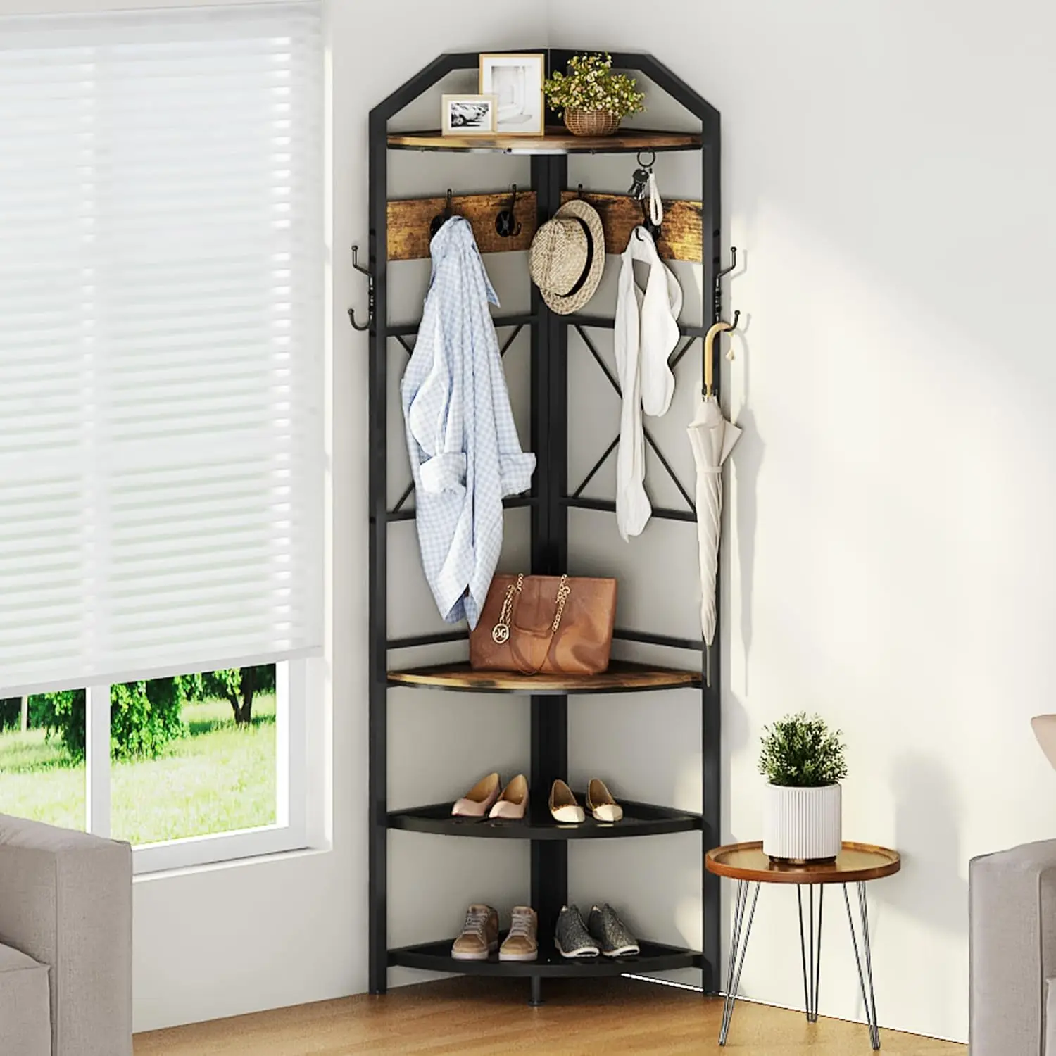

Corner Hall Tree Coat Rack Bench 10 Hooks Freestanding Clothes Shoes Shelf Rustic Brown, Customized