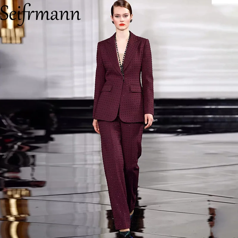 Seifrmann Solid color splicing rivet two-piece lapel long-sleeved top straight pants suit 2026 autumn women's new style