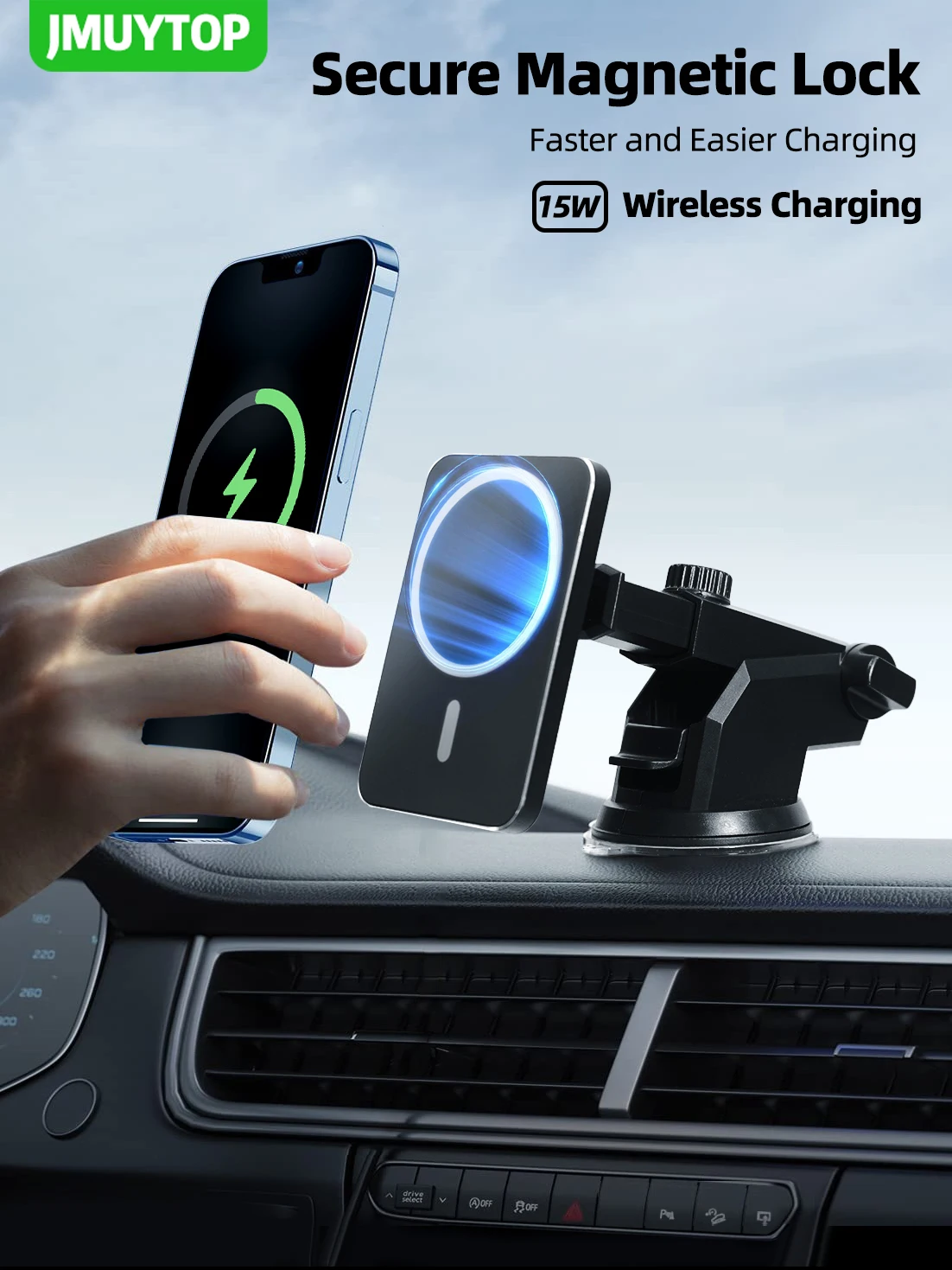 JMUYTOP Magnetic Car Phone Holder 15W Wireless Charging Car Charger Stable Air Vent Dashboard Support for iPhone 12 13 14 series