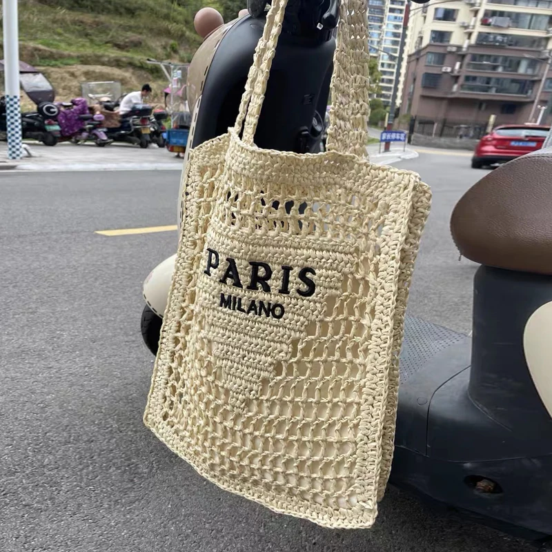 Bohemian Beach Hollow Out Bag For Women Luxury Designer Handbags Purses 2024 New In Papyrus Woven Letters Slim Underarm Shoulder