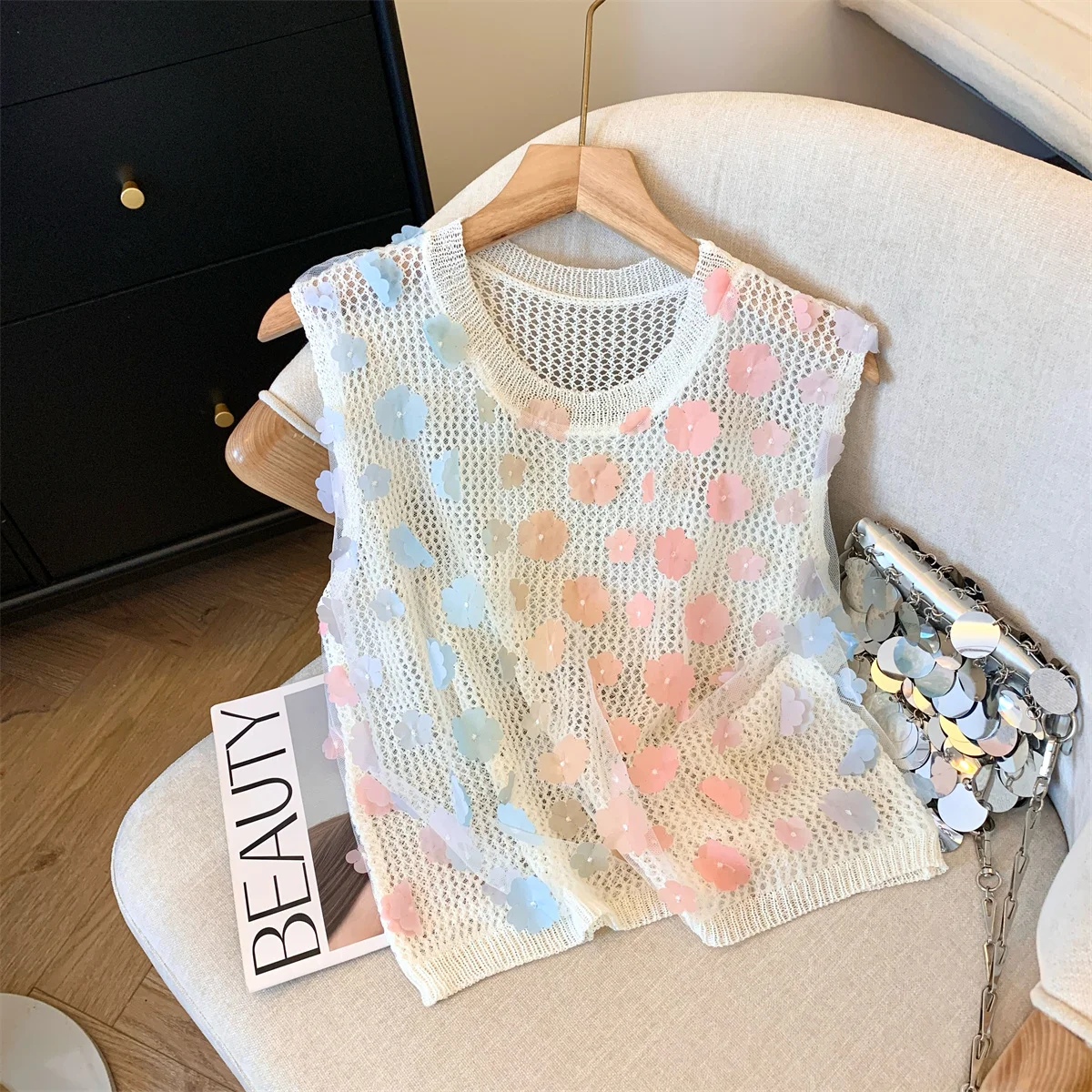 Flower Hollow Knit Sweater Vests Women 2024 Summer Thin Stylish Chic Fashion Sexy Tops Sleeveless O-neck Tees Knitwear Jumpers