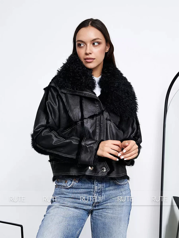 fur coat women winter 2024 Sheepskin Fabric Sheepskin O-Neck Rabbit fur lining Short jacket Fashionable luxury Women's clothing