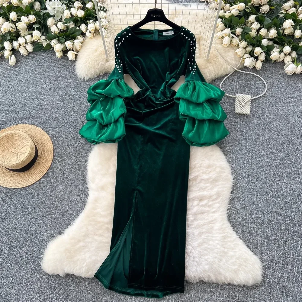 Elegant Lotus Leaf Sleeve Vintage O-neck Chic Embroidered Beads Slim Split Velvet Dresses Evening High Street Plus Size Clothing