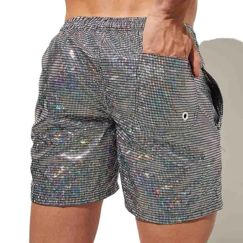 Men's Shiny Casual Loose Shorts Pocket Glisten Sports Loose Sweatpants Swim Trunks Swimwear Bikini Pants Adult Club Show Outfit