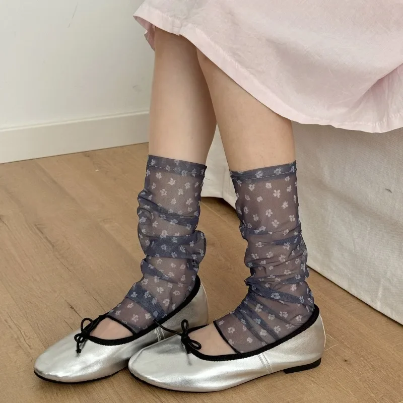 SP&CITY Unique Flower Print Mesh Leg Stacking Socks Women's Thin Perspective Step Socks Fashion Breathable Casual Hipster Sock