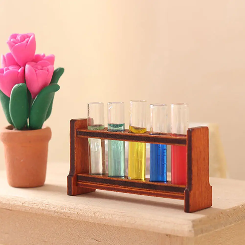 

1Set Miniature Test Tube Rack Featuring Wood Body Glass Tubes for Mini House Decoration Fresh Colors Easy Matching Chic Living