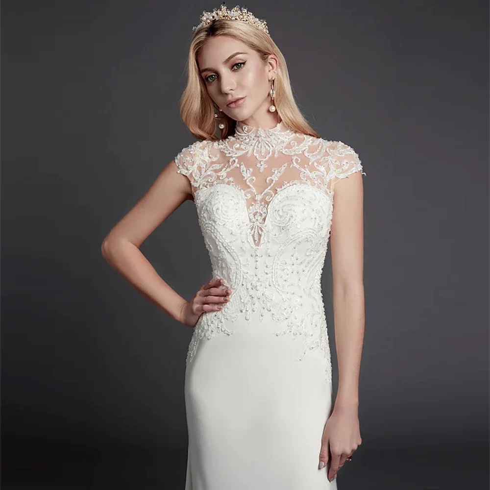 Vestido de novia blanco para mujer, cuello alto, manga de sombrero de sirena, calcomanía de encaje hermosa y moderna, Correa halter de esqueleto sexy, boda