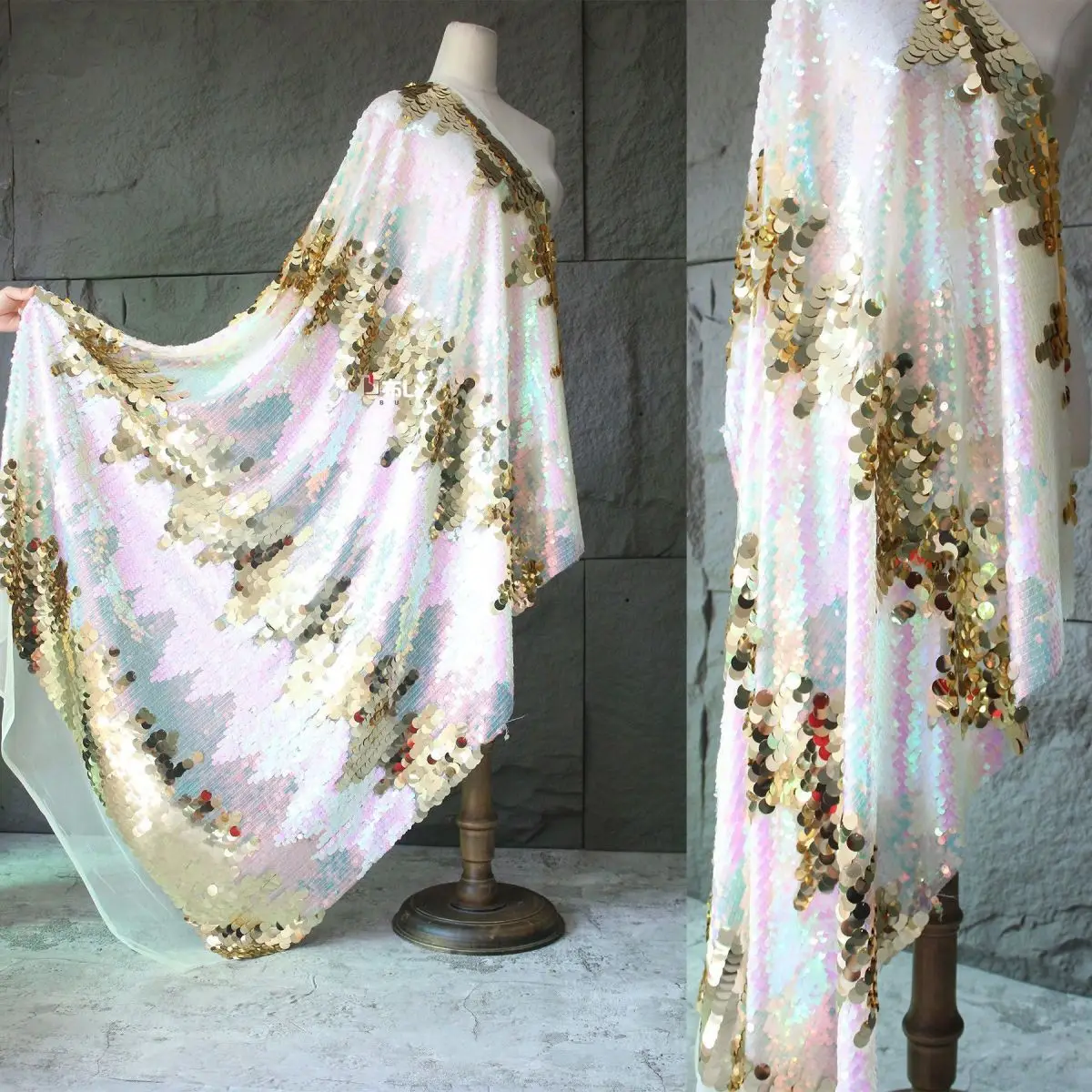 Iridescent Gold Round Gradient Sequin Fabric, Shiny Decor For Evening Dress & Background, High-End Designer DIY Material