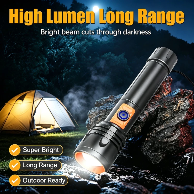 Flashlight Type-C Port, LED Telescopic Zoom, 3 Modes (High/Low/Strobe), Waterproof Alloy Body for Camping Outdoor