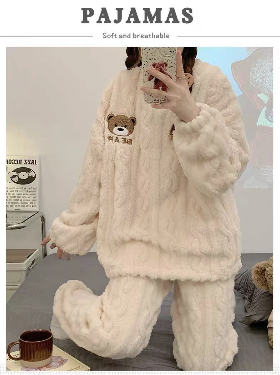 Fall and Winter Flannel Thick Warm Sleepwear Women's Long Sleeve with Fleece Home Clothes Ladies Striped Solid Color Pyjamas