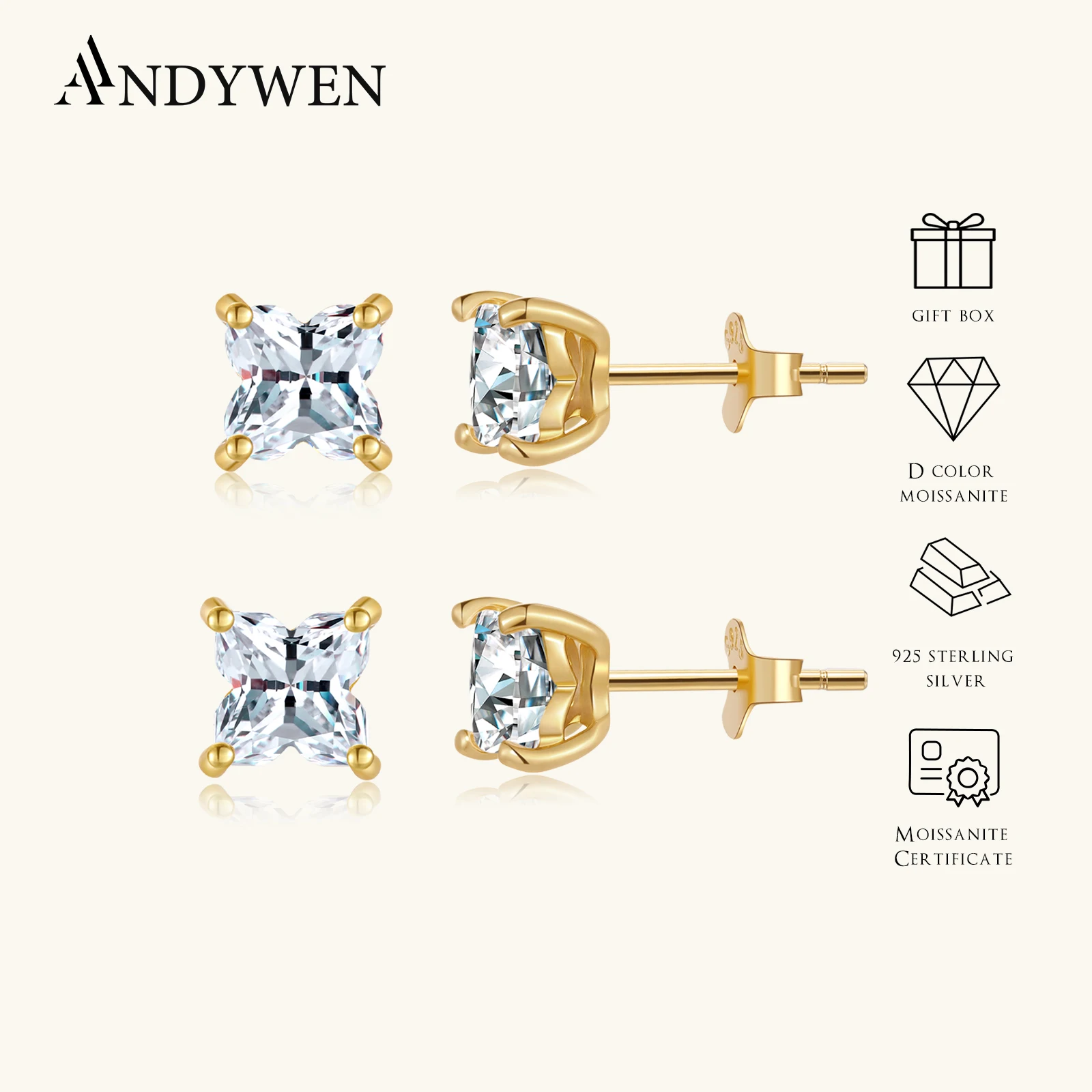 

Женские серьги-гвоздики ANDYWEN из стерлингового серебра 925 пробы с муассанитом 1CT×2, цвет D, VVS1, изящные, классические, повседневные, 2026, ювелирный подарок