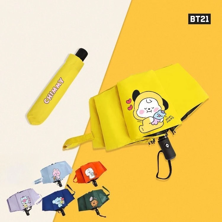 Parapluie BT21 entièrement automatique, protection solaire, protection UV, parapluie pare-soleil double usage pluie et soleil, dessin animé mignon