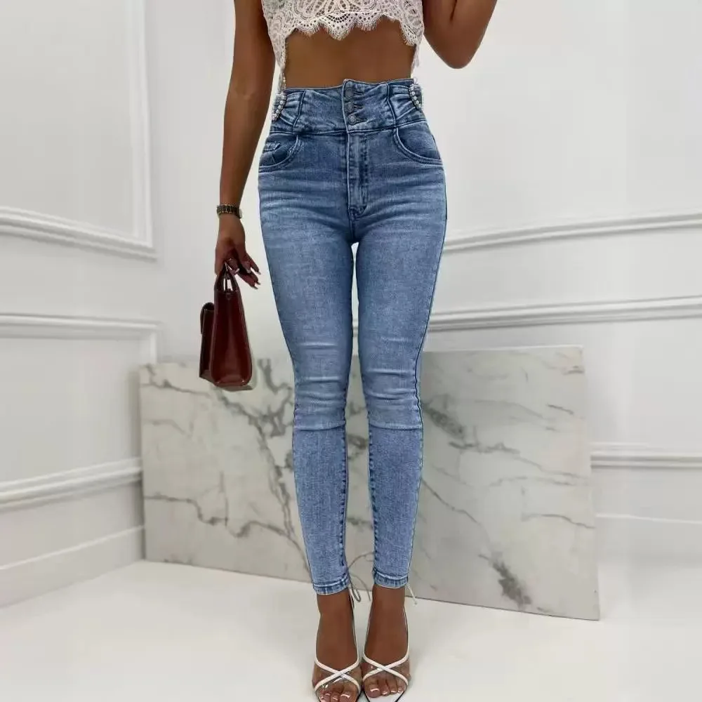 Women's Denim Pants 2024 Spring Fashion Pearls Decor Buttoned High Waist Casual Pocket Skinny Daily Long Jeans Y2K Streetwear