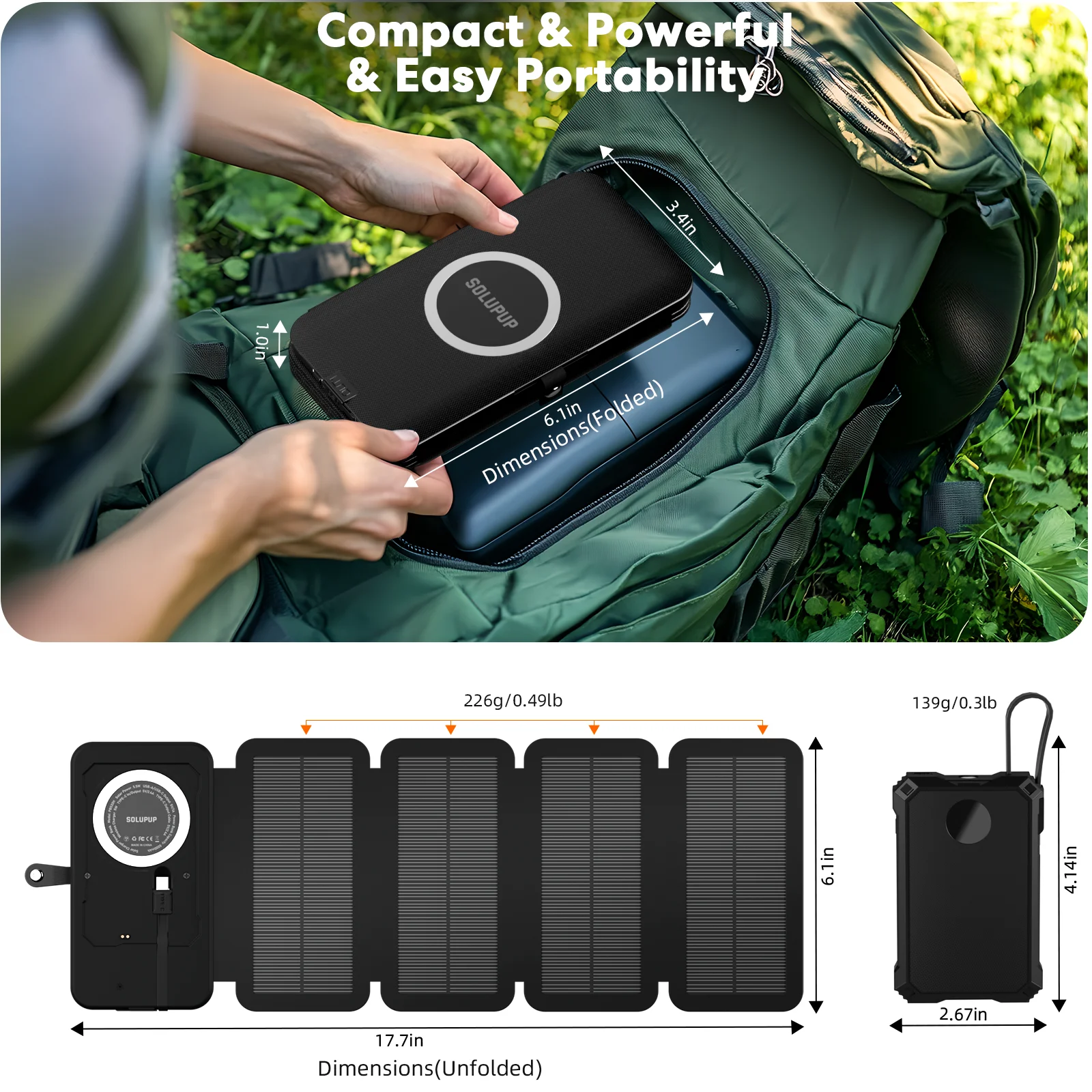 بنك طاقة شمسية لاسلكي مغناطيسي 15 وات بقدرة 5000 مللي أمبير في الساعة/لوحة رباعية قابلة للفصل، 3x Type-C + USB شحن سريع 14 وات مناسب للتخييم في الهواء الطلق