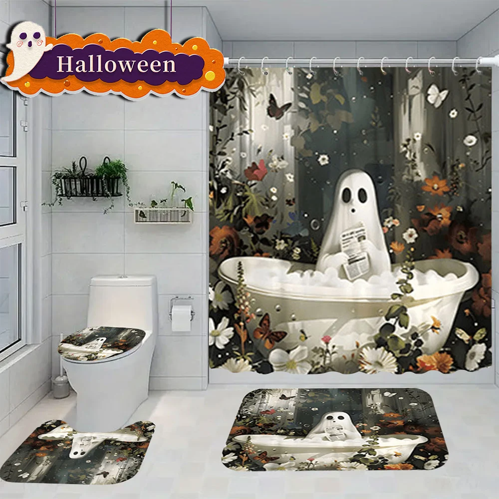 1/4pcs Cute Ghost Shower Curtain Cartoon Fabric Spooky  Halloween Shower Curtain Home Bathroom Decor Set Rug Toilet Cover