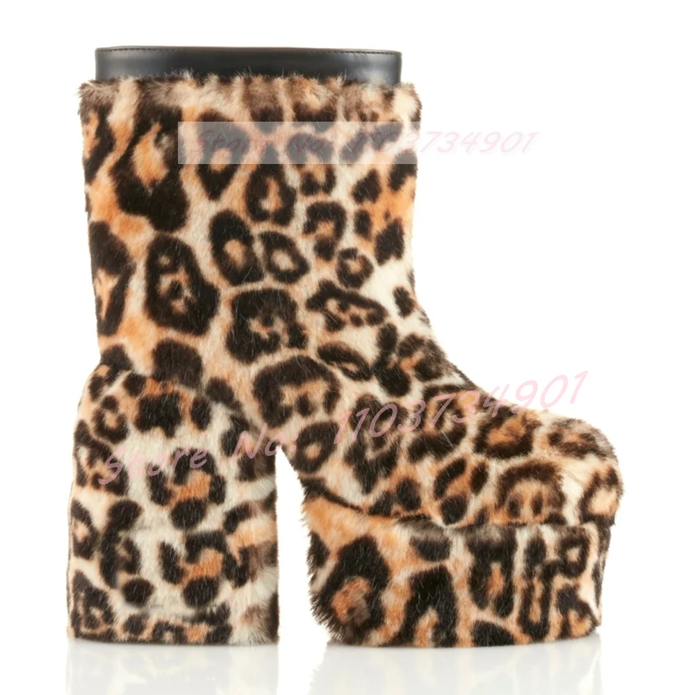 Furry Platform Slip-On Ankle Boots Ladies Casual Party Leopard Zebra Block High Heels Shoes Women Fashion Nifty Big Size Boots