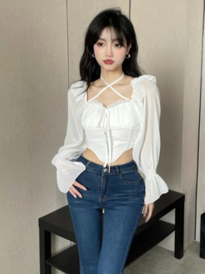 Blouses Women Off-shoulder All-match Sweet Spicy Girls Streetwear Solid Design Unique Halterneck Daily Y2k Clothing Trendy Chic