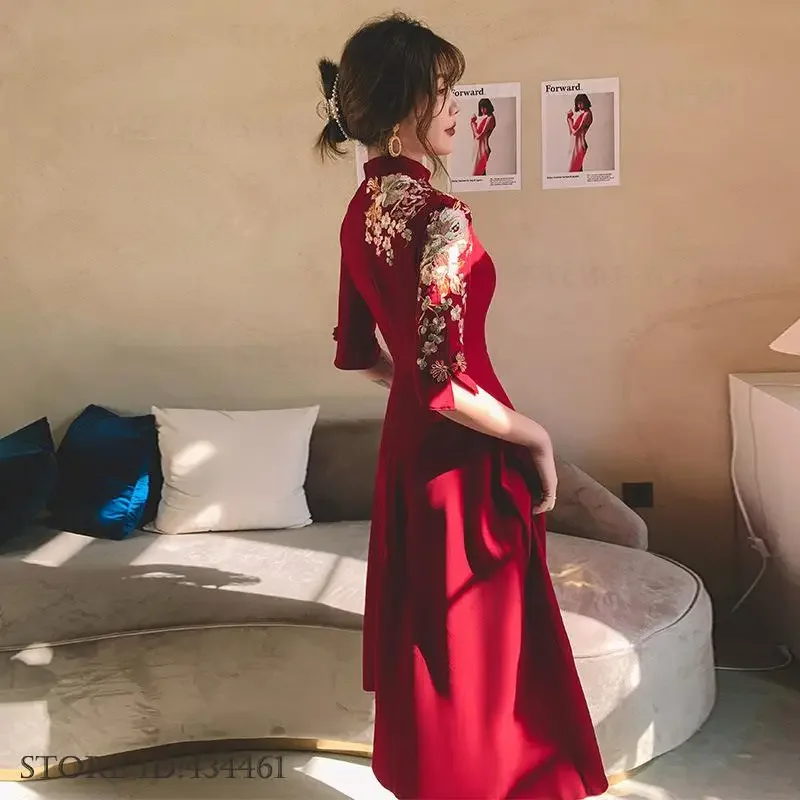 빈티지 클래식 자수 신부 웨딩 파티 드레스 중국 스타일 여성 드레스 치파오 이브닝 파티 드레스 우아한 맥시 드레스
