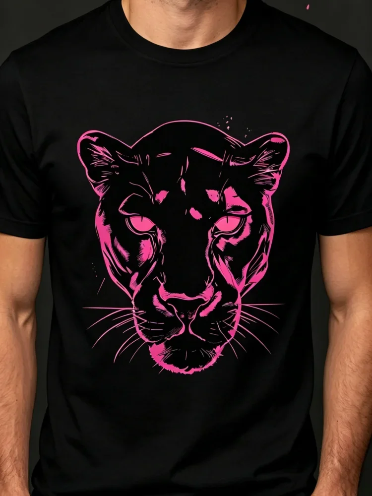 3D Neon Black Panther Print T Shirt For Men Summer Round Neck T-shirt Stylish Animal Short Sleeve Tops Trend Street Man Clothes