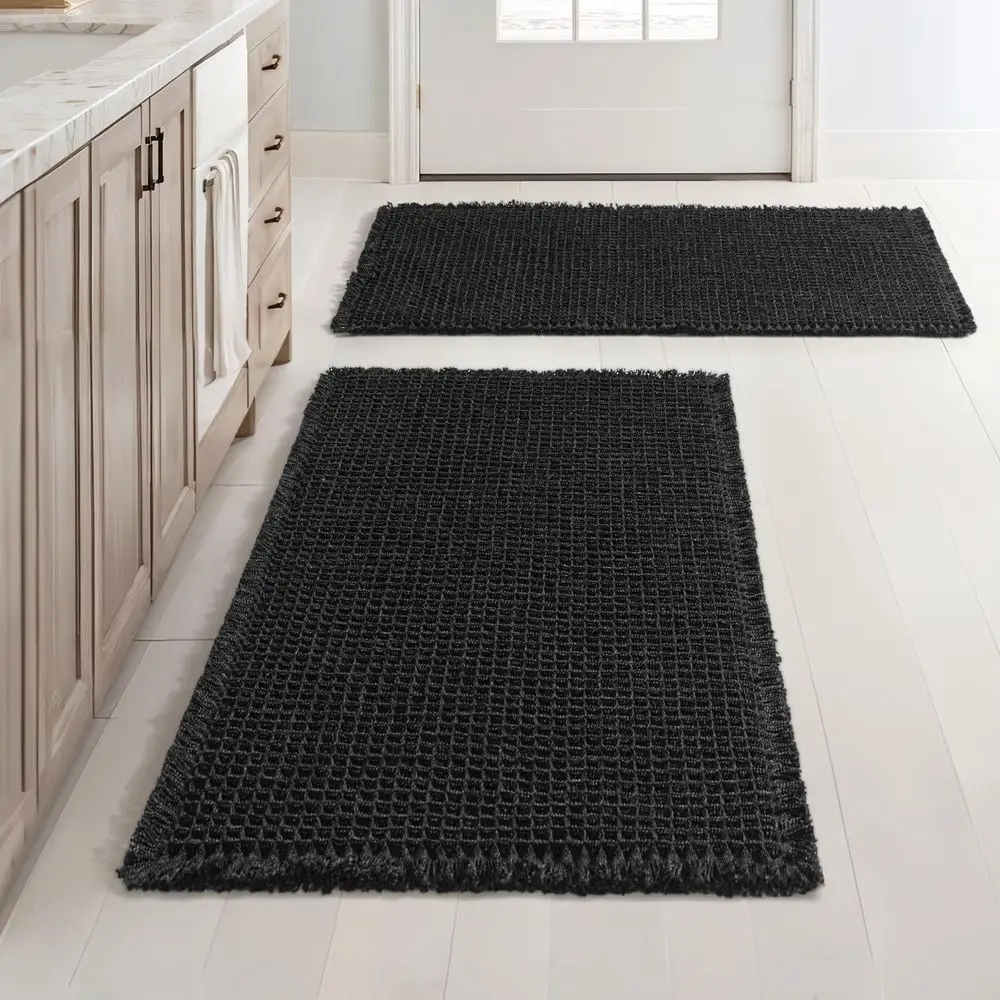 

Set of 2 Bohemian Style Non-Slip Washable Bath Mats, Super Absorbent Shower Rugs with Soft Rubber Backing, 18x30 Inch, Black
