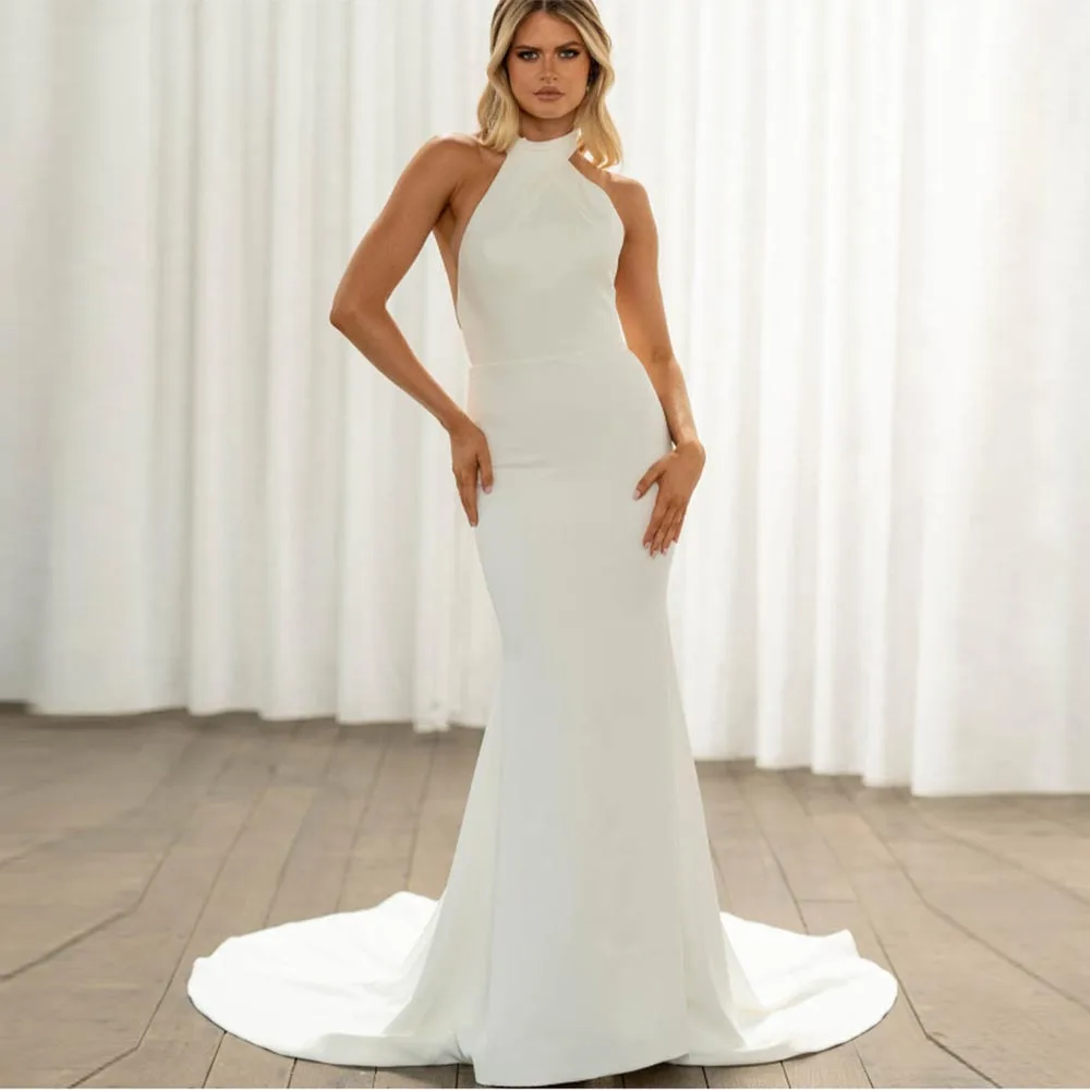 

Customized Mermaid Pure White Jersey Wedding Dresses Halter Sleeveless Buttons Back Pleats Sweep Train Combinaison Mariage Civil