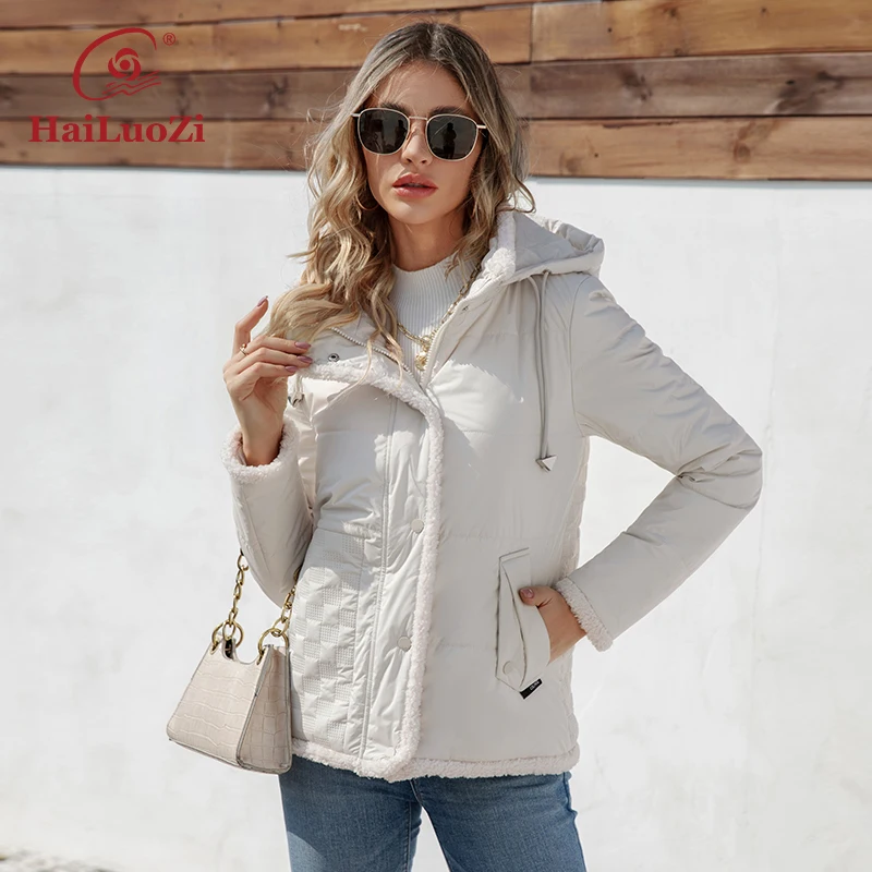 HaiLuoZi 2023 New Design Spring Women Jacket With Fur High-quality Short Female Outwear Hooded Zipper Stylish Women's Coat 3320