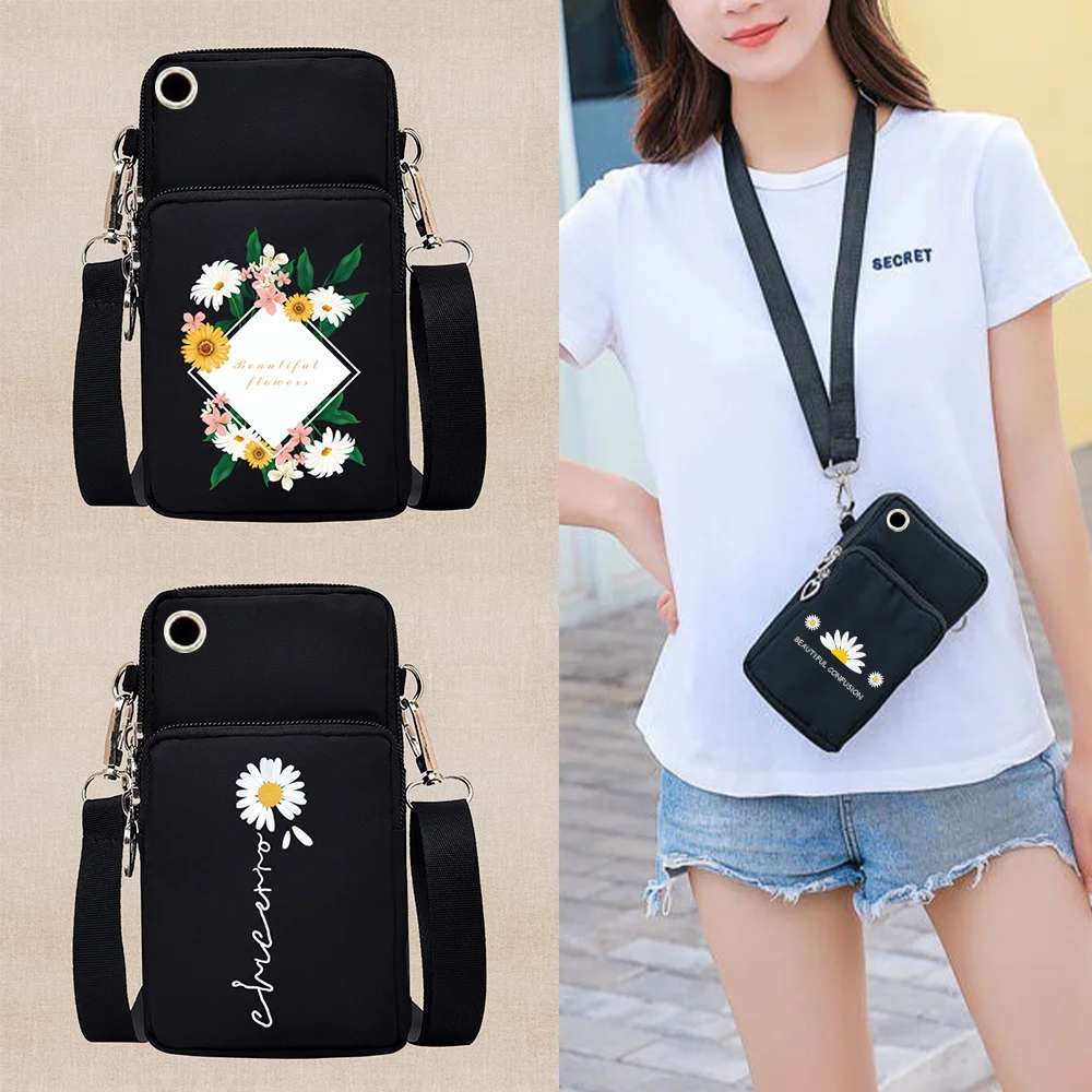 

Fashion Multi-layer Mobile Phone Bag Daisy Pattern Slant Mini Bag Zipper Purse Casual Outdoor Travel Adjustable Shoulder Bags