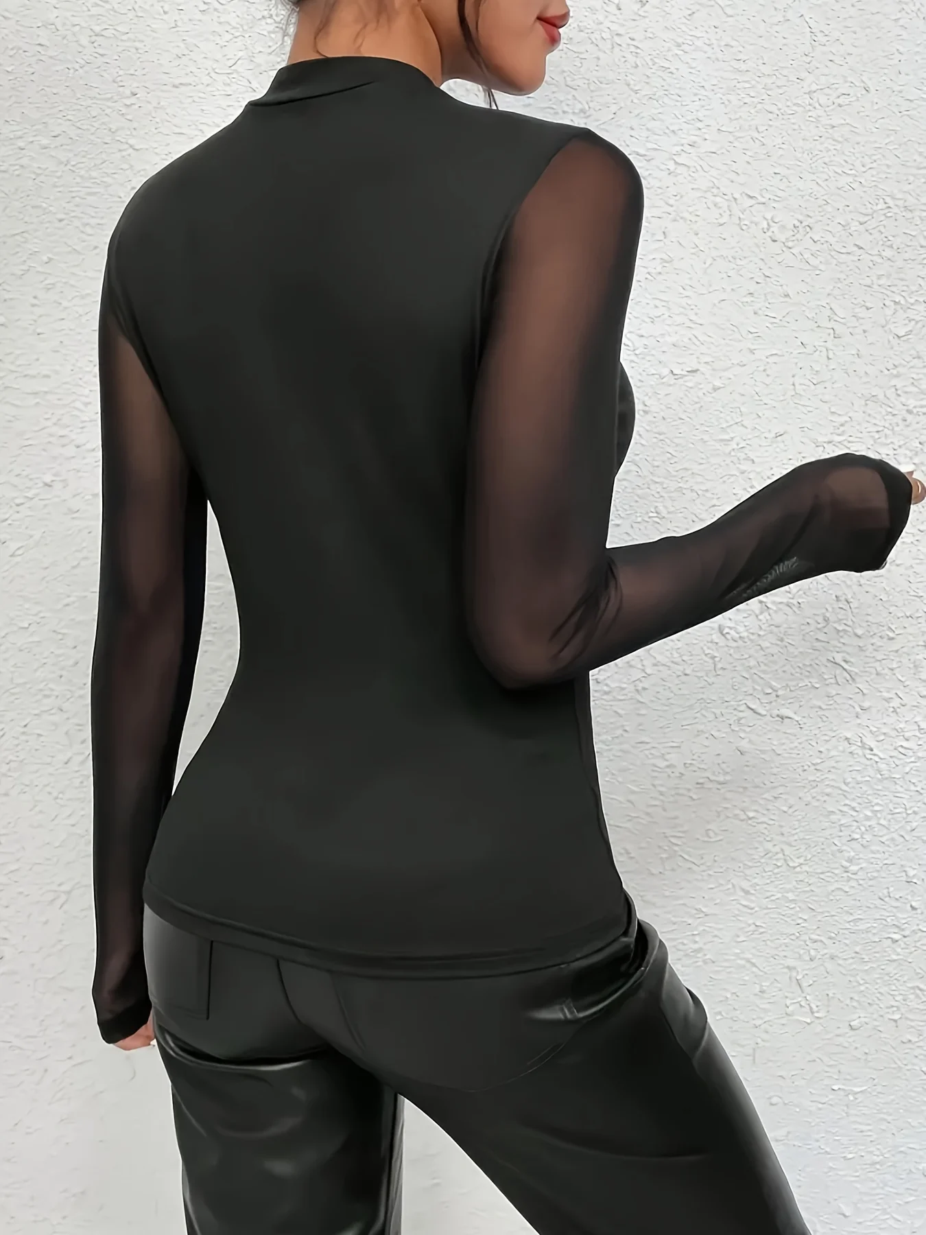 Dark Side Curve Black Mesh Spliced Half Turtleneck Slim-Fit Long Sleeve Hot Girl Bodysuit Top