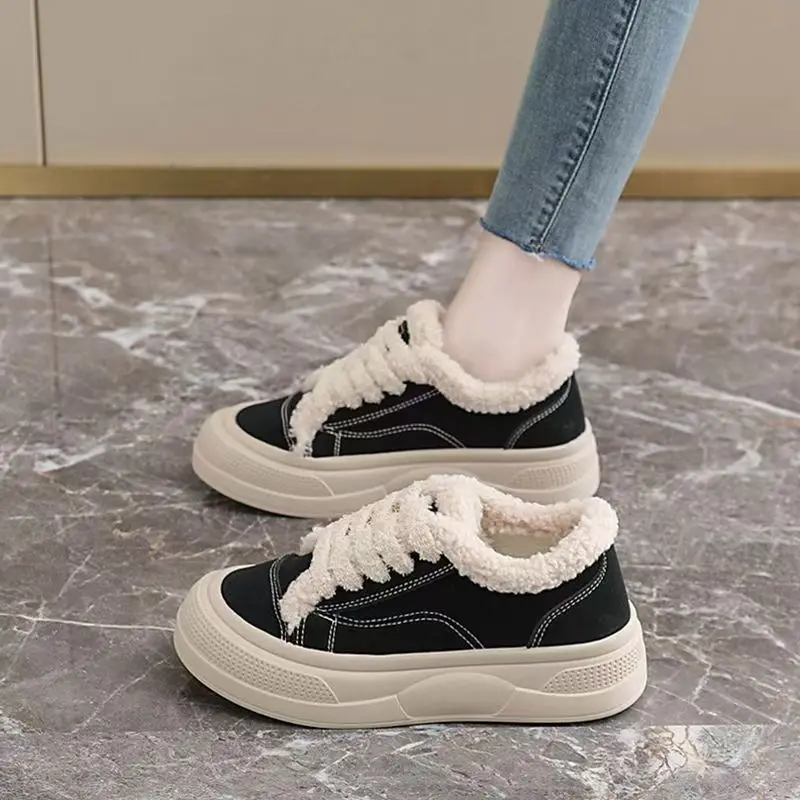 

Women Plush Keep Warm Casual Board Shoes Winter New Thick Sole Non Slip Low Top Round Toe Lace Up Cotton Shoe Casual Sneakers
