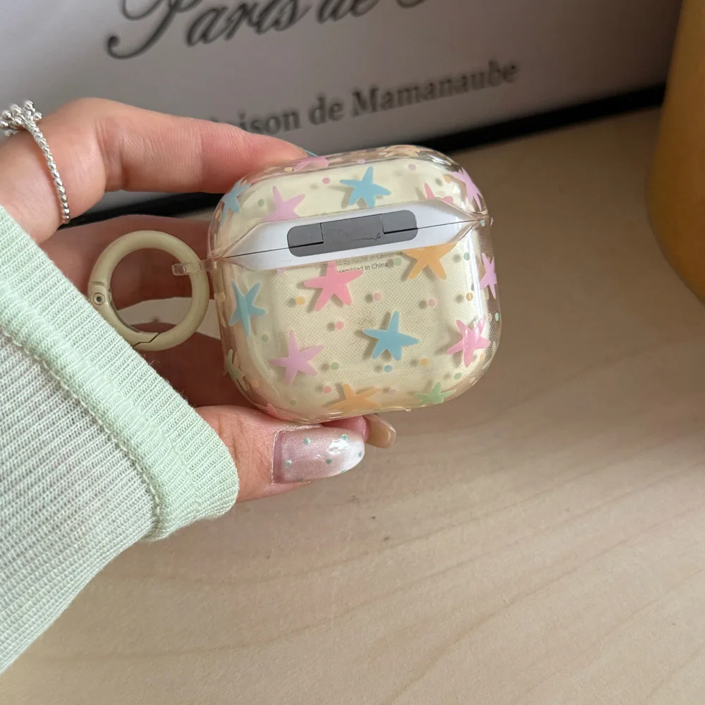 Fashion Transparent Pink Blue Colorful Star Cherry Pendant Protective Earphone Case Cover for AirPods 1 2 3 4 5 Pro 2 Pro 3 Soft