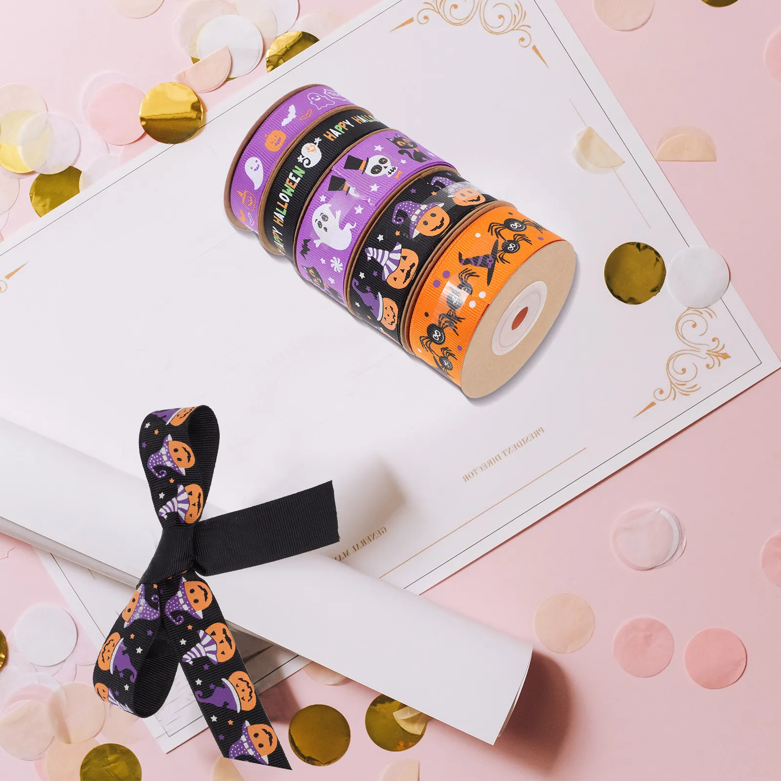 

5 Rolls Halloween Ribbon 15mm Ghost Letters 15mm Purple Pumpkins 25mm Spiders Black Hats Skull Cats Gift Wrapping Party Decor