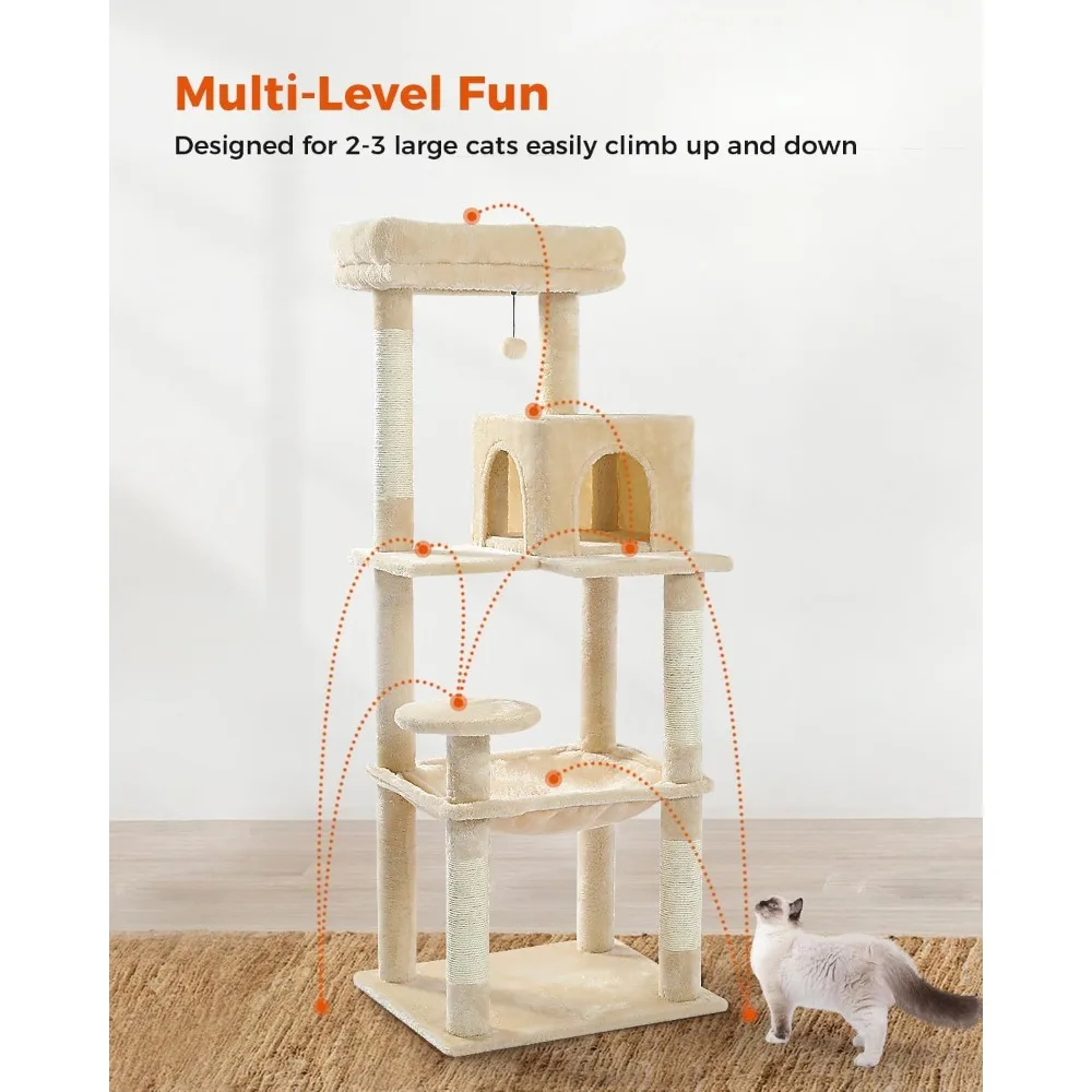 Metal Plush Cat Tree, Equipped with a Hammock, Cat Tower, 2 Apartment Houses, 6 Levels of Cat Racks