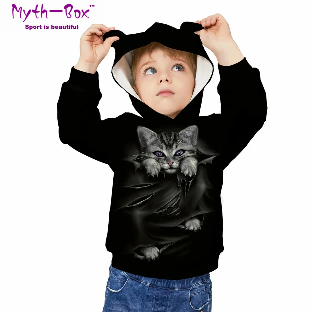 Children's Sports Hoodies Black Cat 3D Print Kids Sweatshirts Junior Child Long Sleeve Pullover 5-12y Boy&Girl's Hooded Sweaters