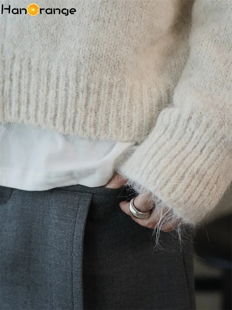 HanOrange 2025 الشتاء الرجعية كسول نمط طوق سستة محبوك رداء علوي من الصوف المرأة لينة الملمس سترة المشمش/رمادي داكن