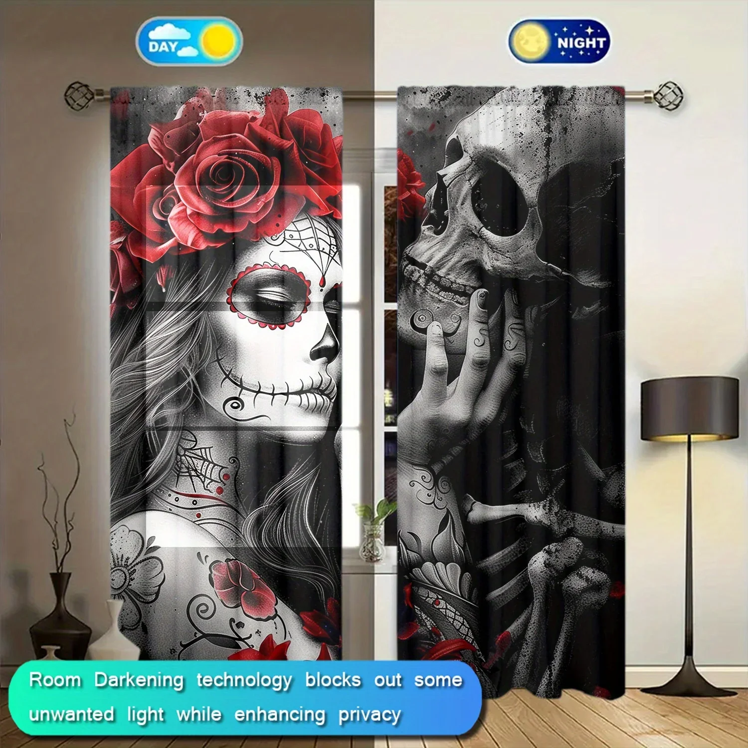 2pcs Skeleton Love Printed Curtain for Home Decor - Rod Pocket Window Treatment for Bedroom,Office,Kitchen,Living Room,and Study