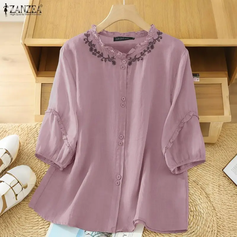 ZANZEA Camicie da donna in cotone e lino ricamato con volant e maniche a sbuffo a 3/4 Camicia con bottoni Primavera Estate Abbigliamento donna S-3XL