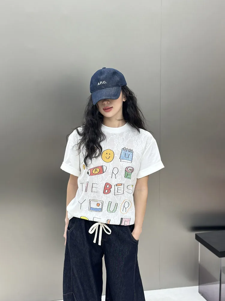 

American Retro Letter Print T-irt Women's ort Sve Casual Bodhl 2025 New Sle Streetwear round Ne Cotton