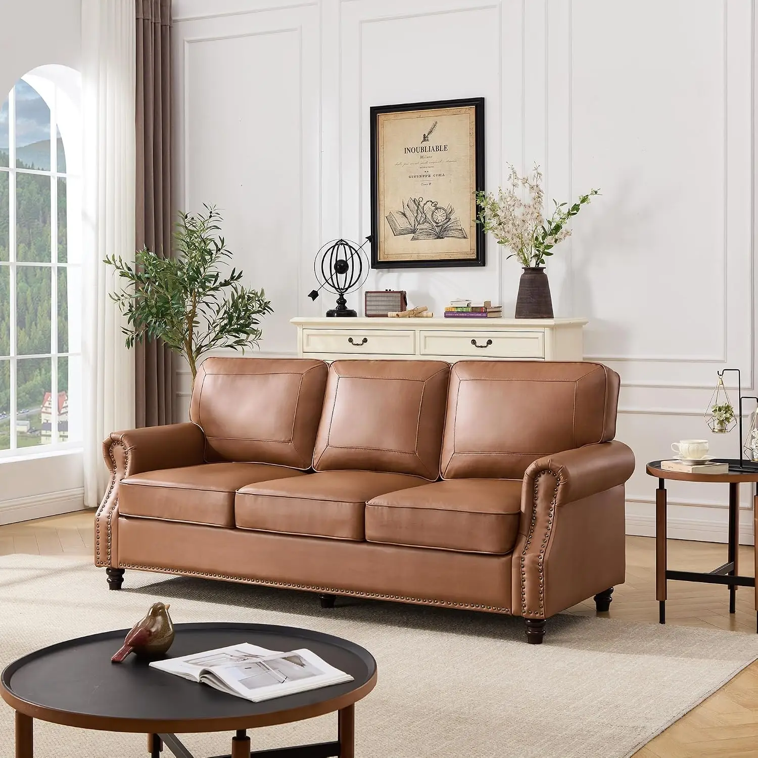 Mid-Century Modern Couch, Faux Leather Sofa, 3 Seater Couch for Living Room with Rolled arms & Nailhead Trim, Brown, Customized