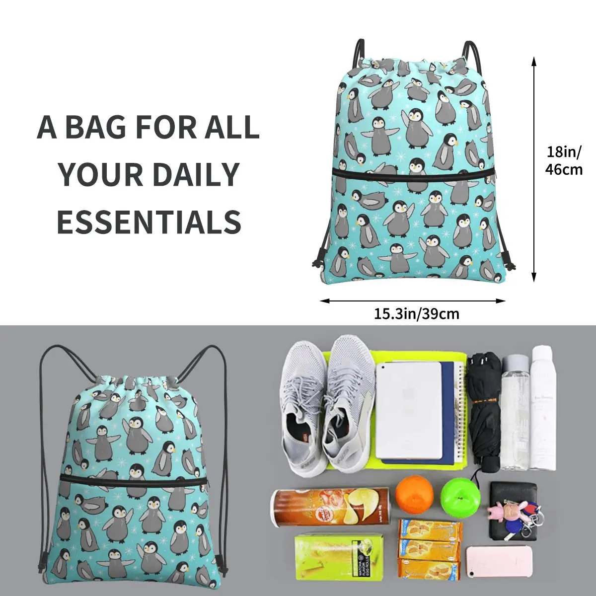 Pinguim Chicks Mochilas Portáteis, Drawstring Bag, Bundle Pocket, Diversos Sacos, Estudantes da escola, Moda