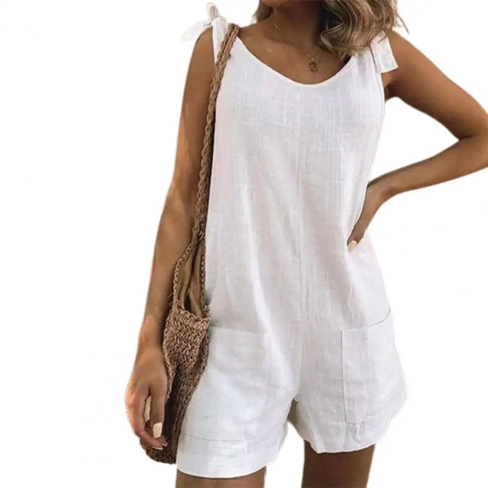 Summer Solid Cotton Linen Playsuits Casual Loose Women Jumpsuits 2024 Fashion Lace -up O Neck Sleeveless Pocket Romper Female