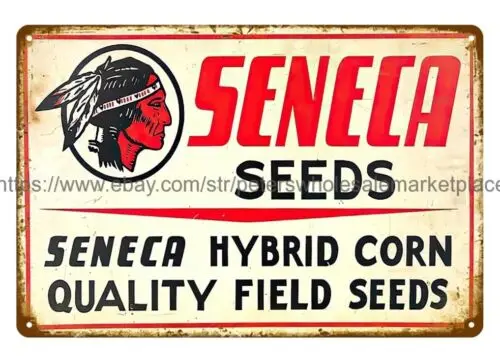 Letrero metálico decorativo de Seneca Seeds con diseño de maíz híbrido y motivos indígenas nativos, para decoración interior.