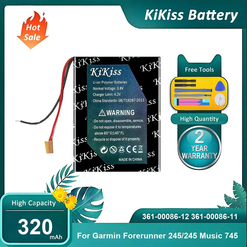 KiKiss Battery For Garmin Forerunner 245/245 Music 745,361-00086-12 361-00086-11,320mAh