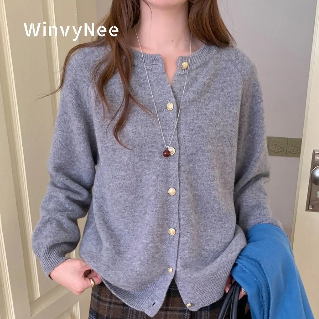 WinvyNee Women's Clothing O Neck 100% Wool Cardigan Golden Button Solid Knit Tops Women Sweater Outerwear Blouse Jumper B1523037