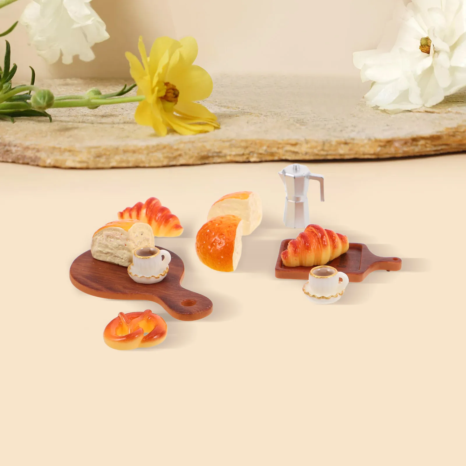 1Set Miniature Dollhouse Food Realistic Resin Bread Coffee Breakfast Pretend Play Bakery Miniature Kitchen Simulation Decor
