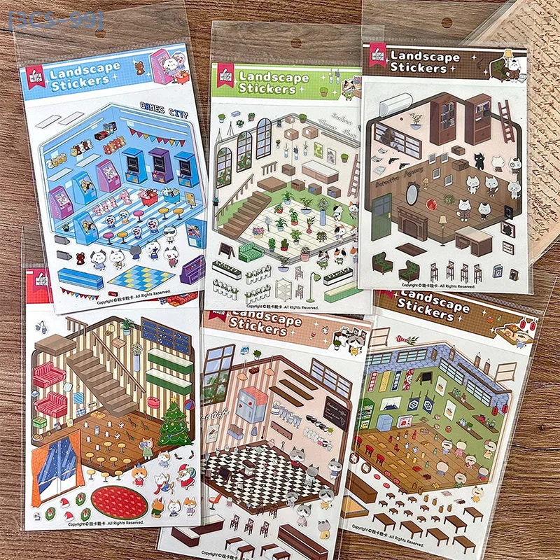 【3CS99】1 Juego de pegatinas estereoscópicas 3D para casa, bricolaje, escena de cabina, apilamiento, pegatinas de animales de dibujos animados para niños, regalo de cuenta de mano